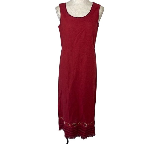 New Graff Vintage Maxi Dress Size Small Red Linen Blend Embroidered Fringe Hem - Picture 12 of 13